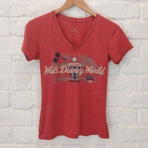 Vintage Rare Disney T Shirt Womens Small Mickey Red Tee Short Sleeve V Neck